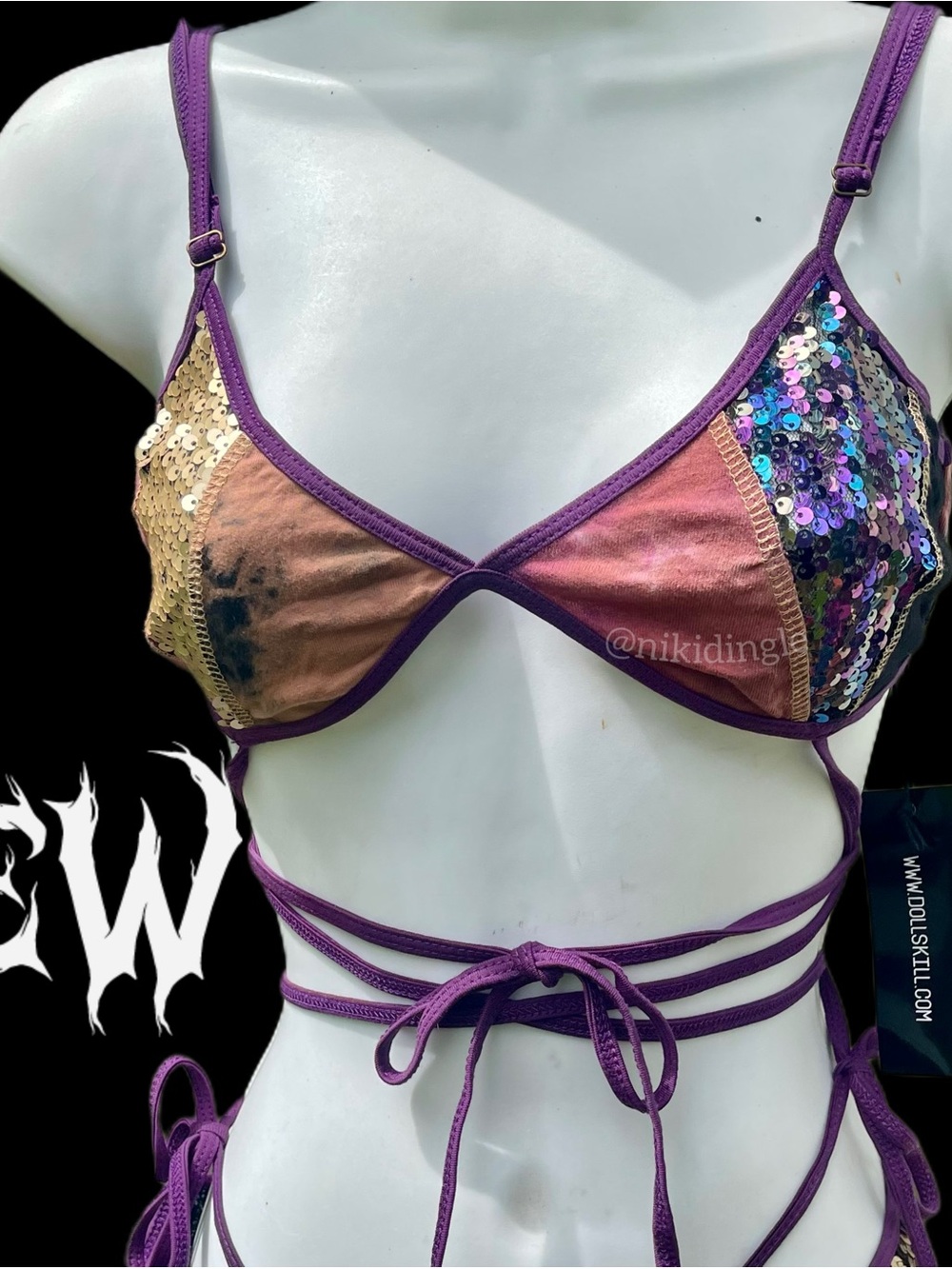 Dolls Kill Purple Trim Sequin Patchwork Tie-Up Bralette Tank Top Strappy M